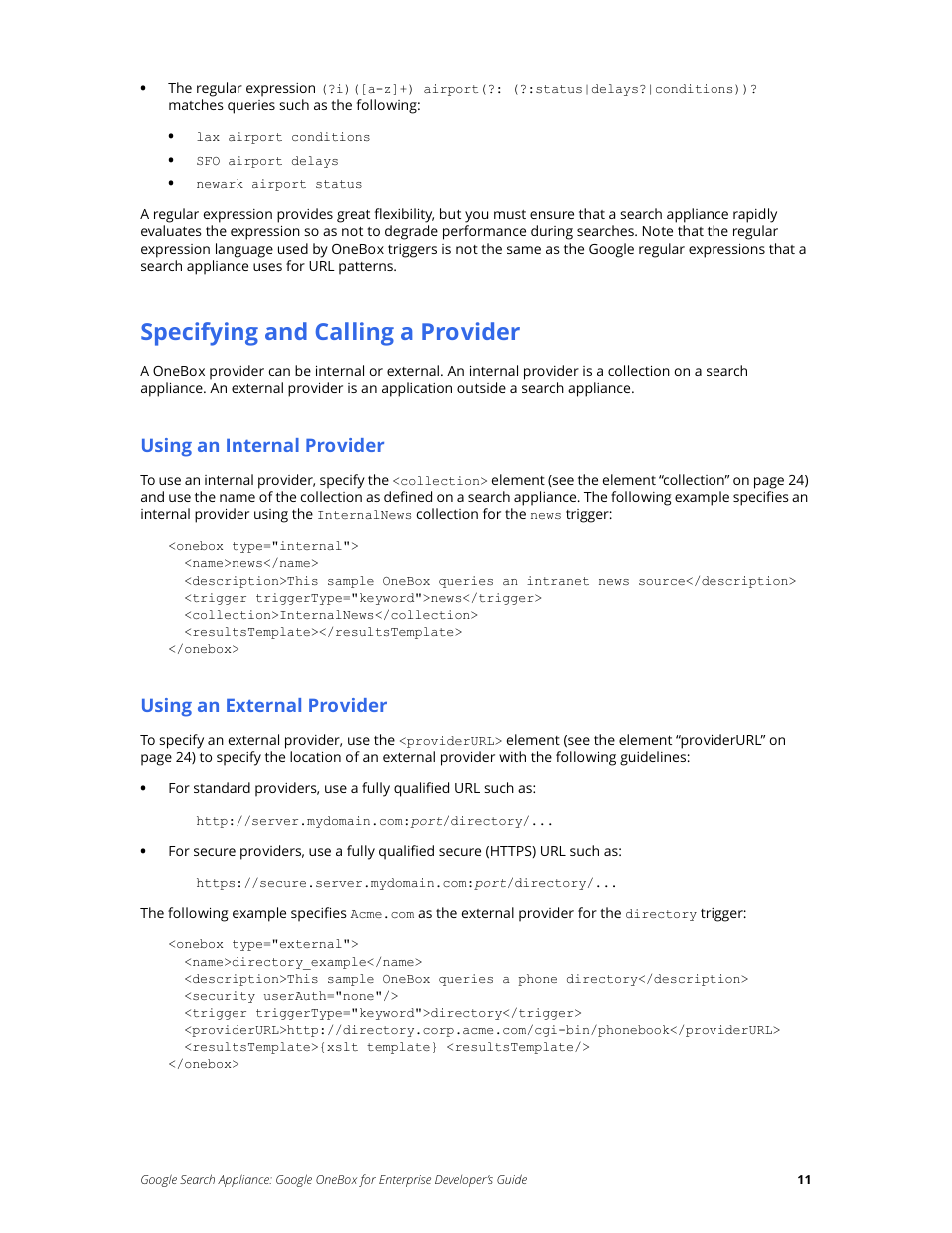 Specifying and calling a provider, Using an internal provider, Using an external provider | Google Search Appliance OneBox for Enterprise Developers Guide User Manual | Page 11 / 30