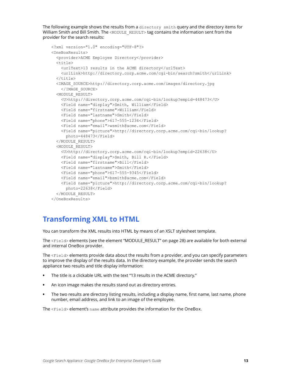 Transforming xml to html | Google Search Appliance OneBox for Enterprise Developers Guide User Manual | Page 13 / 30