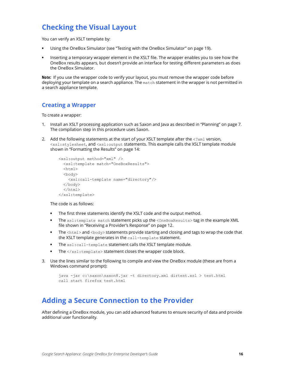Checking the visual layout, Creating a wrapper, Adding a secure connection to the provider | Google Search Appliance OneBox for Enterprise Developers Guide User Manual | Page 16 / 30