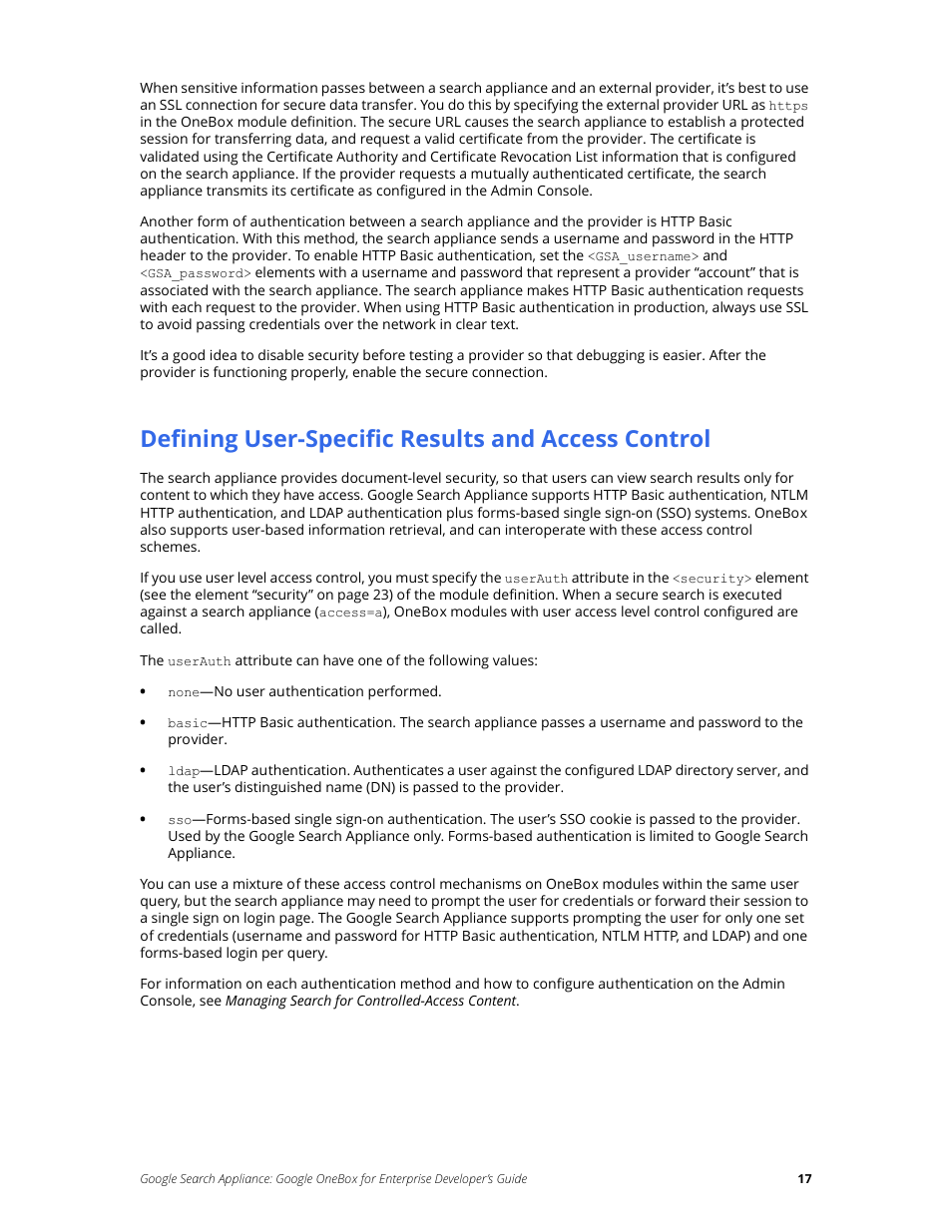 Defining user-specific results and access control | Google Search Appliance OneBox for Enterprise Developers Guide User Manual | Page 17 / 30