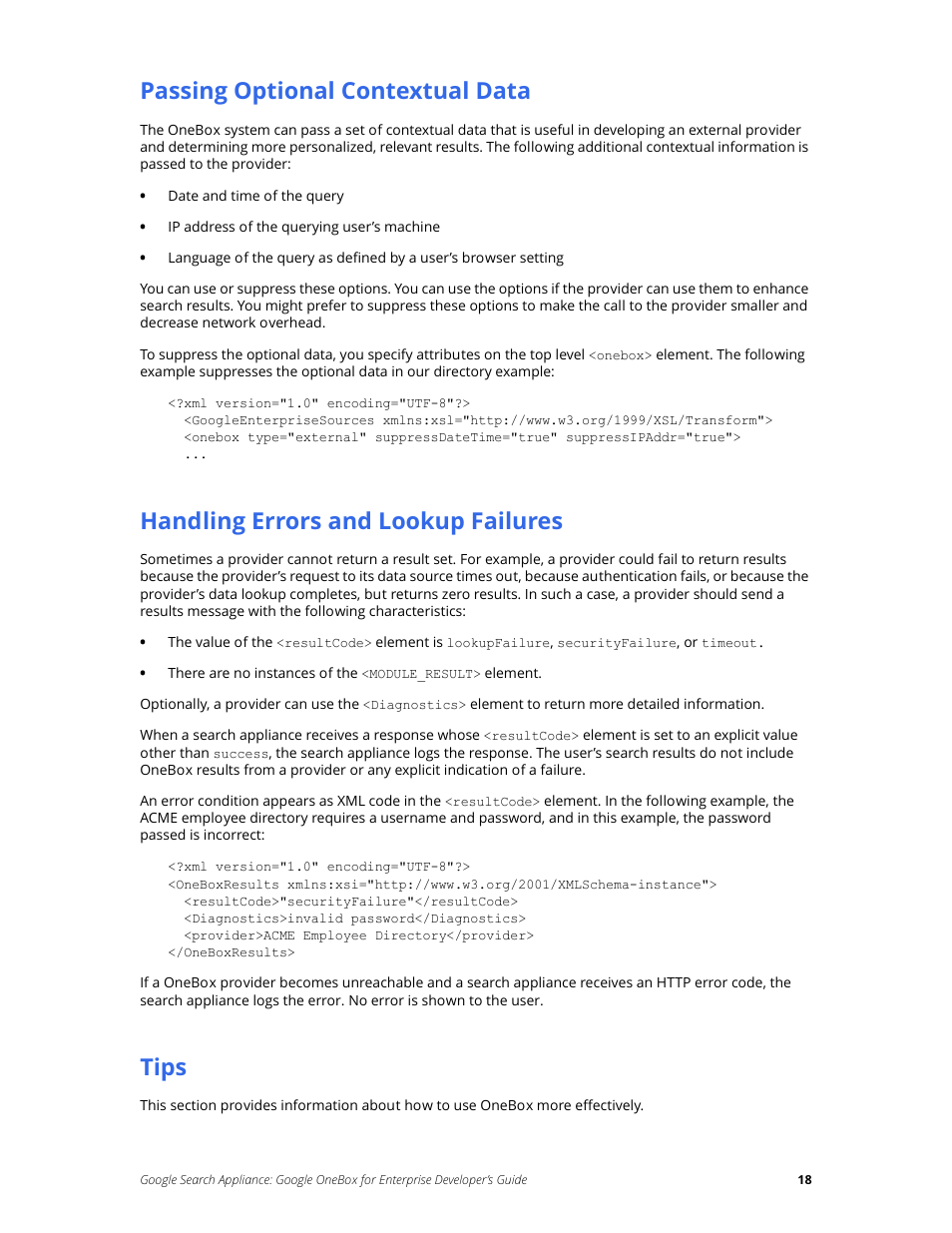Passing optional contextual data, Handling errors and lookup failures, Tips | Google Search Appliance OneBox for Enterprise Developers Guide User Manual | Page 18 / 30