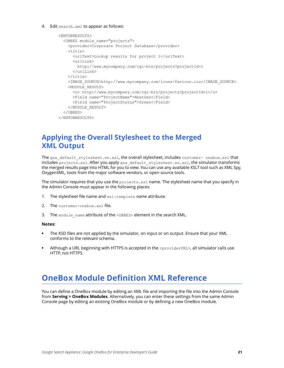 Onebox module definition xml reference | Google Search Appliance OneBox for Enterprise Developers Guide User Manual | Page 21 / 30