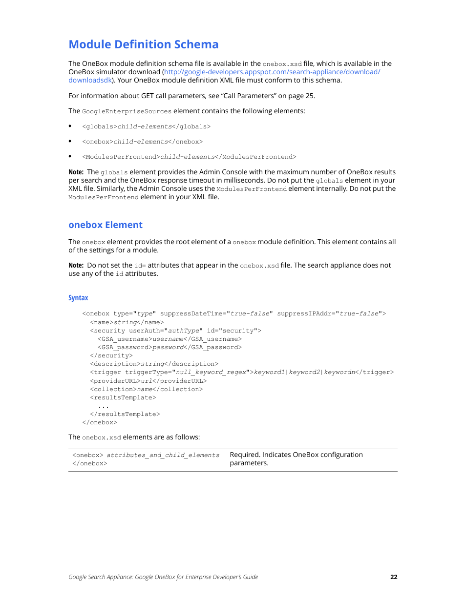 Module definition schema, Onebox element | Google Search Appliance OneBox for Enterprise Developers Guide User Manual | Page 22 / 30