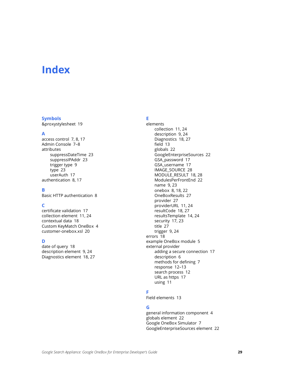 Index | Google Search Appliance OneBox for Enterprise Developers Guide User Manual | Page 29 / 30