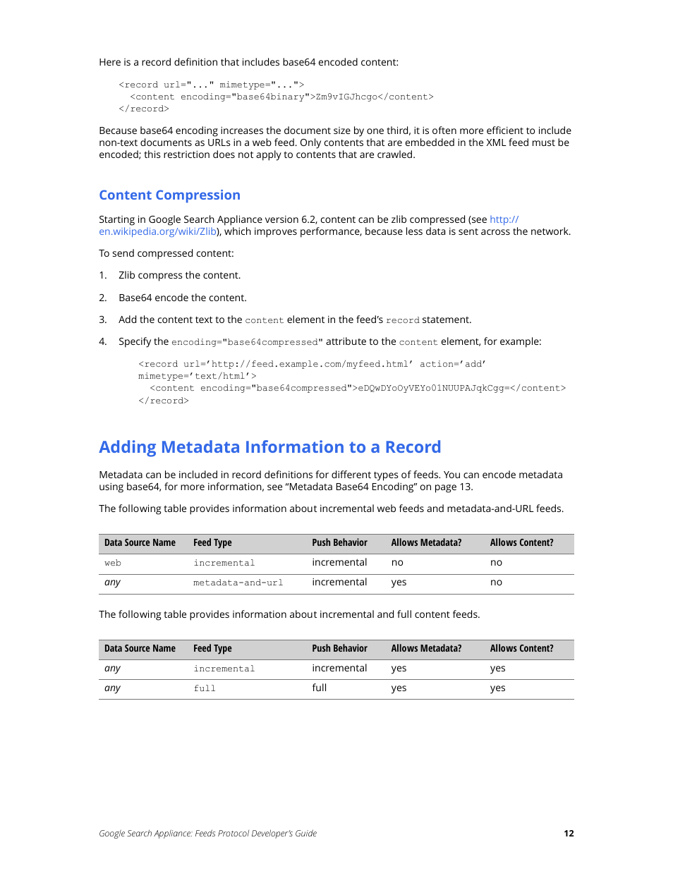 Adding metadata information to a record, Content compression | Google Search Appliance Feeds Protocol Developers Guide User Manual | Page 12 / 45