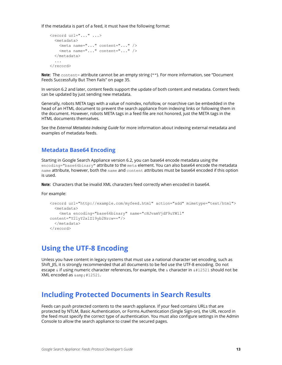 Using the utf-8 encoding, Including protected documents in search results | Google Search Appliance Feeds Protocol Developers Guide User Manual | Page 13 / 45