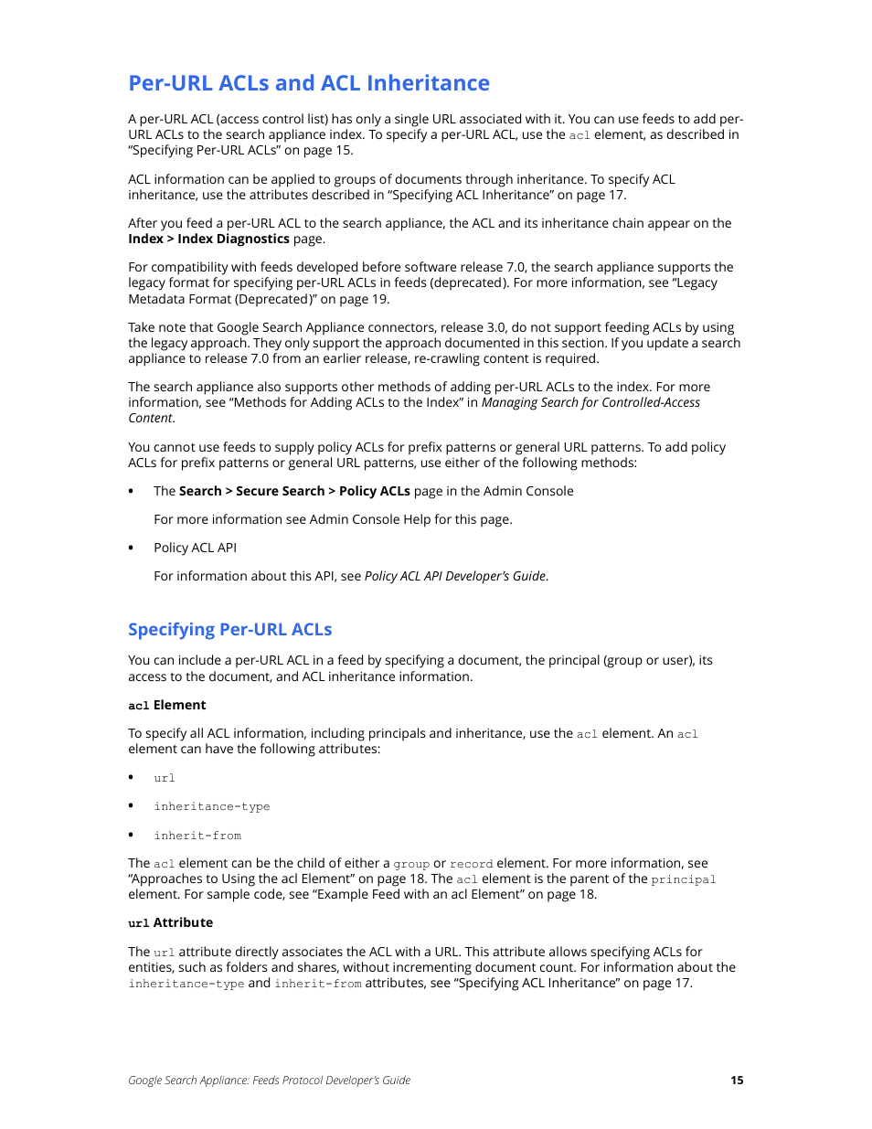 Per-url acls and acl inheritance, Specifying per-url acls | Google Search Appliance Feeds Protocol Developers Guide User Manual | Page 15 / 45