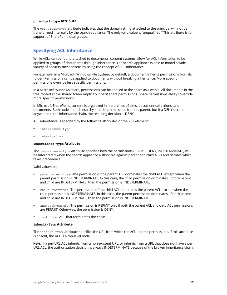 Specifying acl inheritance | Google Search Appliance Feeds Protocol Developers Guide User Manual | Page 17 / 45