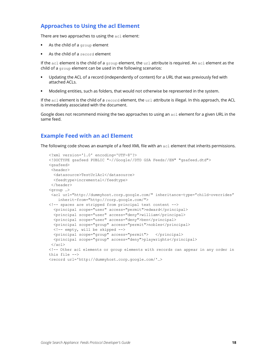 Approaches to using the acl element, Example feed with an acl element | Google Search Appliance Feeds Protocol Developers Guide User Manual | Page 18 / 45