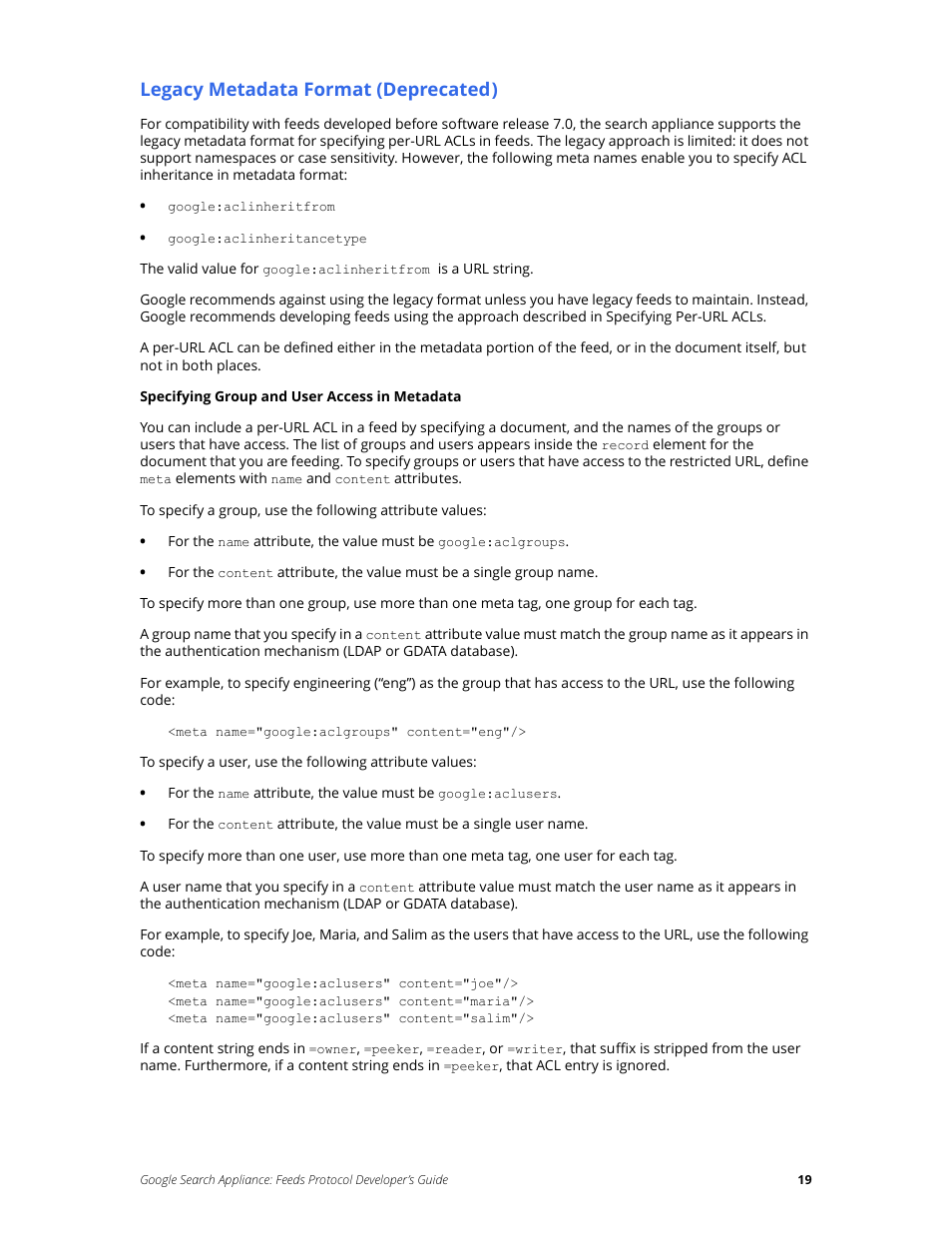 Legacy metadata format (deprecated) | Google Search Appliance Feeds Protocol Developers Guide User Manual | Page 19 / 45