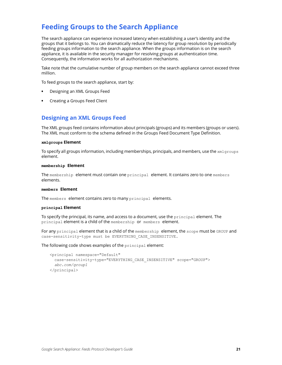 Feeding groups to the search appliance, Designing an xml groups feed | Google Search Appliance Feeds Protocol Developers Guide User Manual | Page 21 / 45