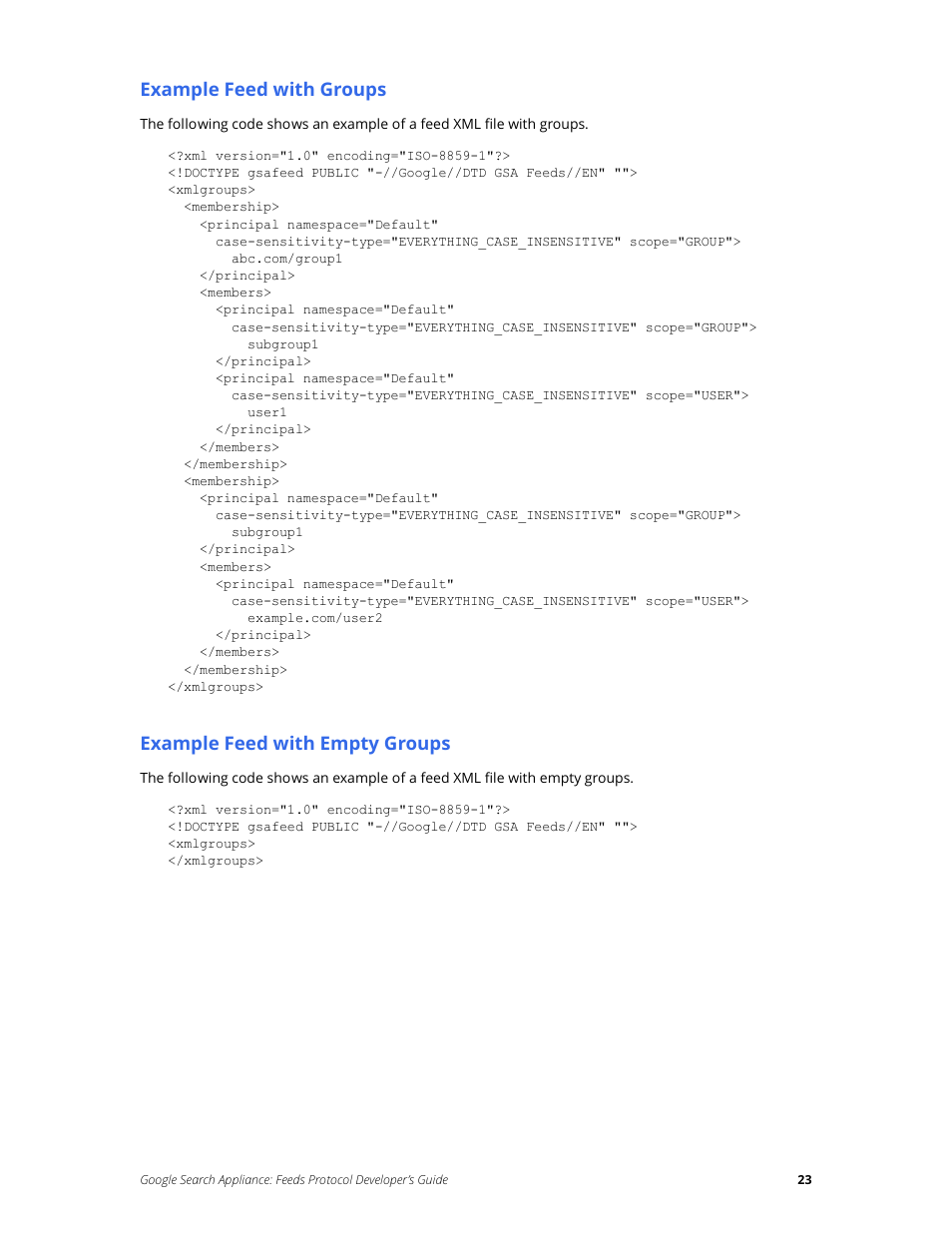 Example feed with groups, Example feed with empty groups | Google Search Appliance Feeds Protocol Developers Guide User Manual | Page 23 / 45