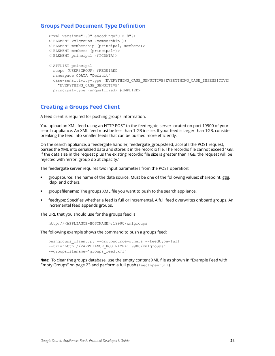 Groups feed document type definition, Creating a groups feed client | Google Search Appliance Feeds Protocol Developers Guide User Manual | Page 24 / 45