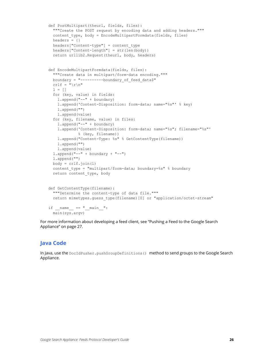 Java code | Google Search Appliance Feeds Protocol Developers Guide User Manual | Page 26 / 45