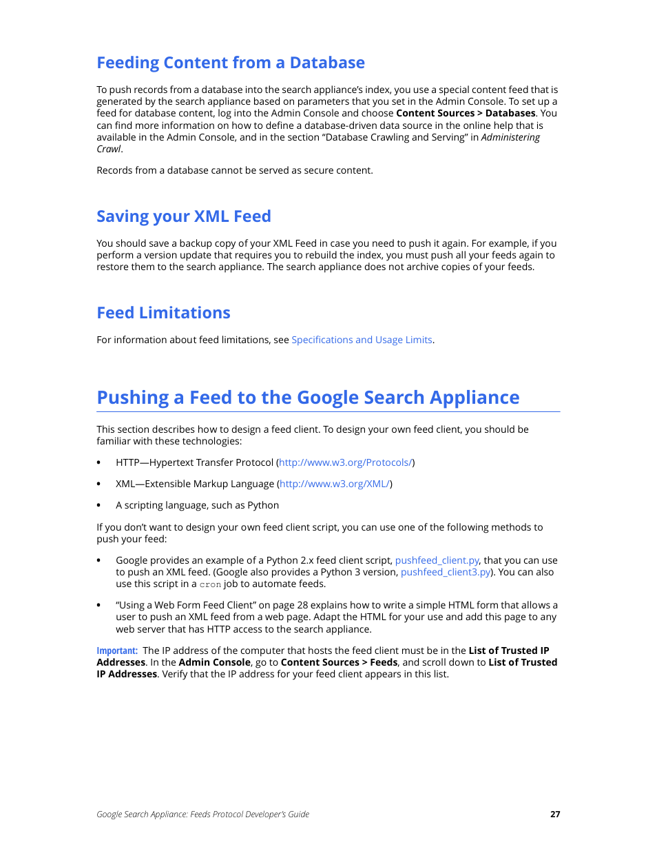 Feeding content from a database, Saving your xml feed, Feed limitations | Pushing a feed to the google search appliance | Google Search Appliance Feeds Protocol Developers Guide User Manual | Page 27 / 45