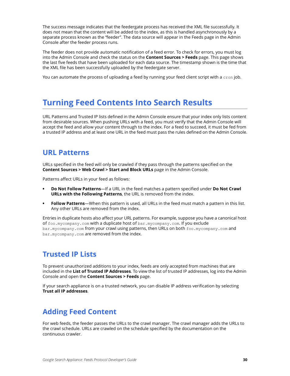 Turning feed contents into search results, Url patterns, Trusted ip lists | Adding feed content | Google Search Appliance Feeds Protocol Developers Guide User Manual | Page 30 / 45