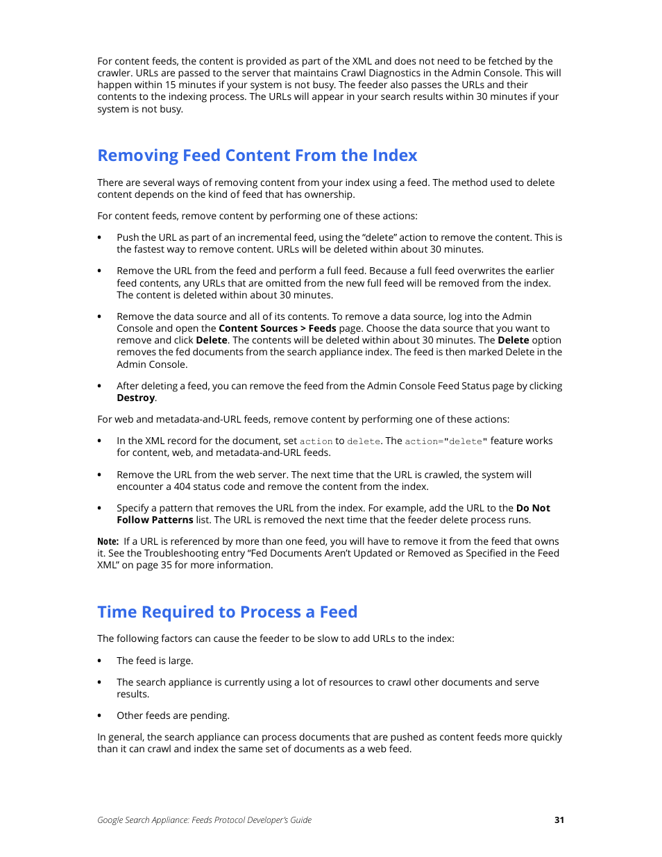 Removing feed content from the index, Time required to process a feed | Google Search Appliance Feeds Protocol Developers Guide User Manual | Page 31 / 45