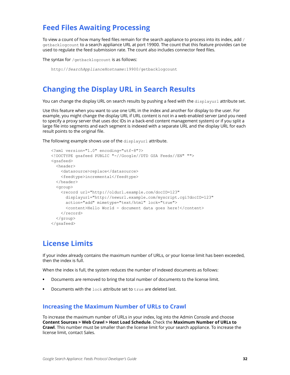 Feed files awaiting processing, Changing the display url in search results, License limits | Google Search Appliance Feeds Protocol Developers Guide User Manual | Page 32 / 45