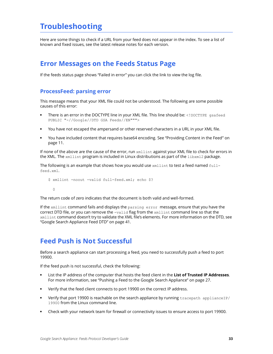 Troubleshooting, Feed push is not successful, Error messages on the feeds status page | Google Search Appliance Feeds Protocol Developers Guide User Manual | Page 33 / 45