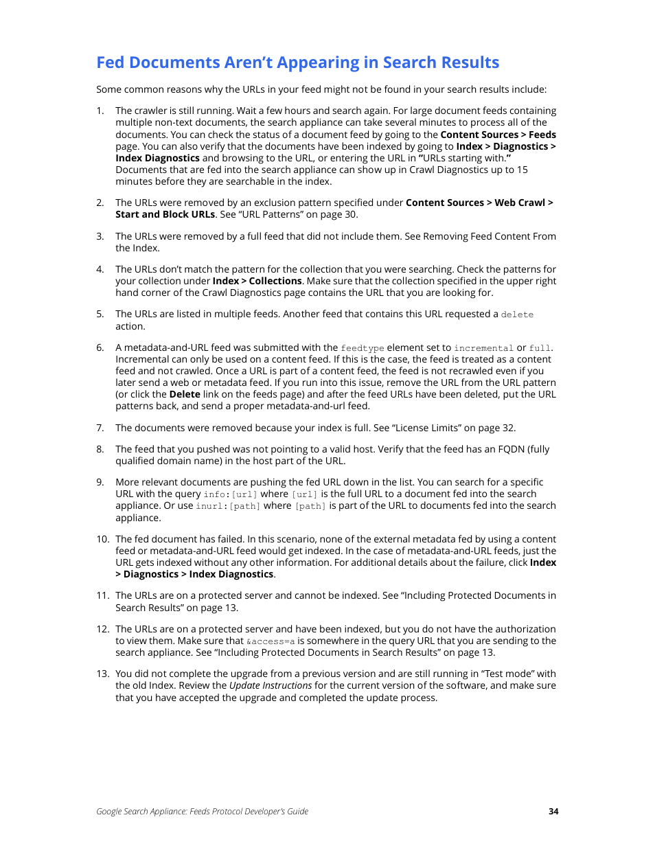 Fed documents aren’t appearing in search results | Google Search Appliance Feeds Protocol Developers Guide User Manual | Page 34 / 45
