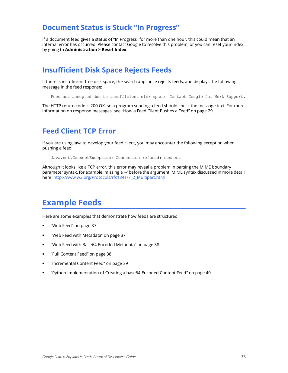 Document status is stuck “in progress, Insufficient disk space rejects feeds, Feed client tcp error | Example feeds | Google Search Appliance Feeds Protocol Developers Guide User Manual | Page 36 / 45