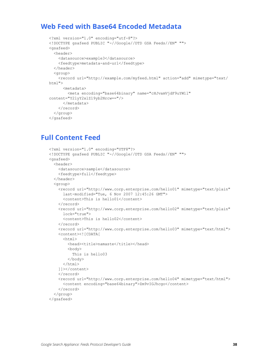 Web feed with base64 encoded metadata, Full content feed | Google Search Appliance Feeds Protocol Developers Guide User Manual | Page 38 / 45