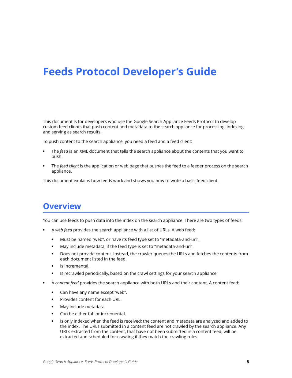 Feeds protocol developer’s guide, Overview | Google Search Appliance Feeds Protocol Developers Guide User Manual | Page 5 / 45