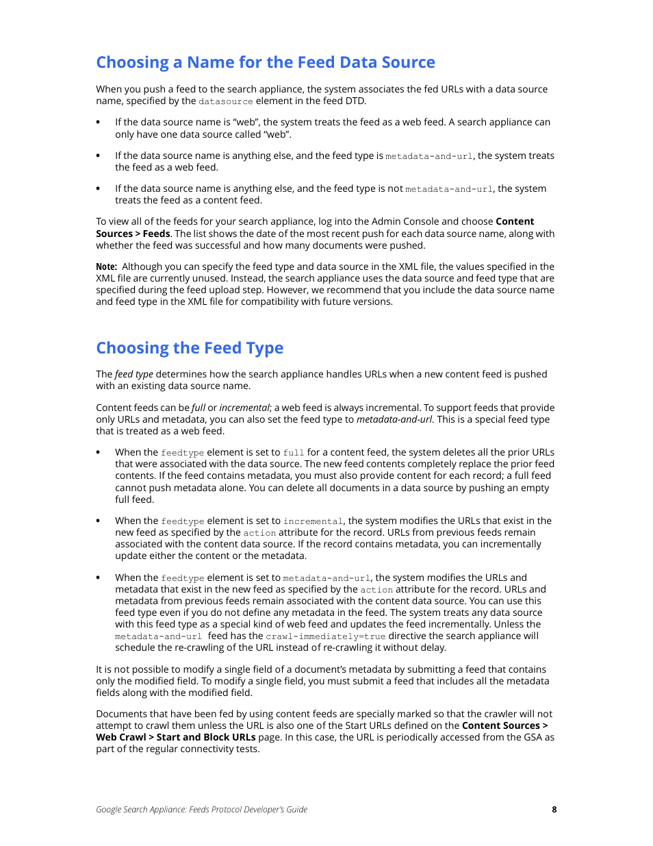 Choosing a name for the feed data source, Choosing the feed type | Google Search Appliance Feeds Protocol Developers Guide User Manual | Page 8 / 45