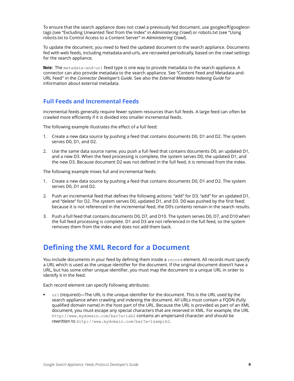 Defining the xml record for a document, Full feeds and incremental feeds | Google Search Appliance Feeds Protocol Developers Guide User Manual | Page 9 / 45