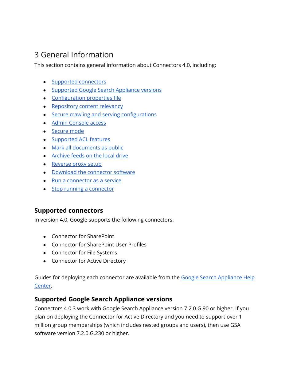 3 general information, Supported connectors, Supported google search appliance versions | Google Search Appliance Connectors Administration Guide User Manual | Page 10 / 41
