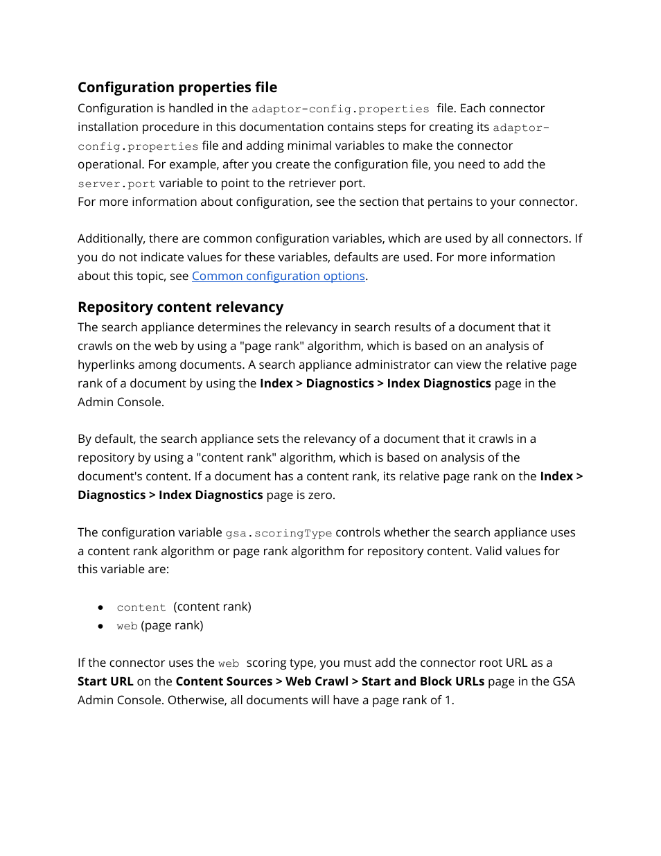 Configuration properties file, Repository content relevancy | Google Search Appliance Connectors Administration Guide User Manual | Page 11 / 41