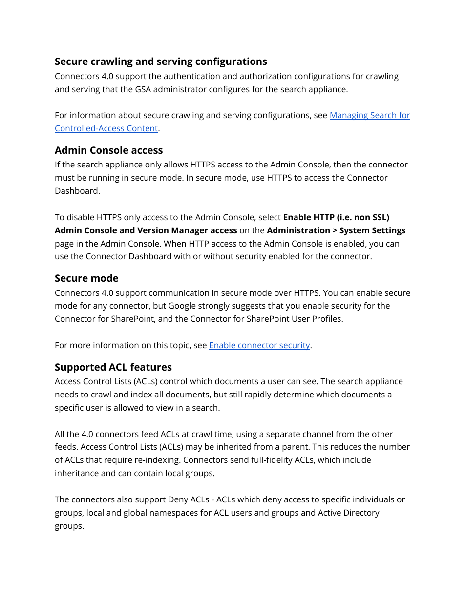 Secure crawling and serving configurations, Admin console access, Secure mode | Supported acl features | Google Search Appliance Connectors Administration Guide User Manual | Page 12 / 41