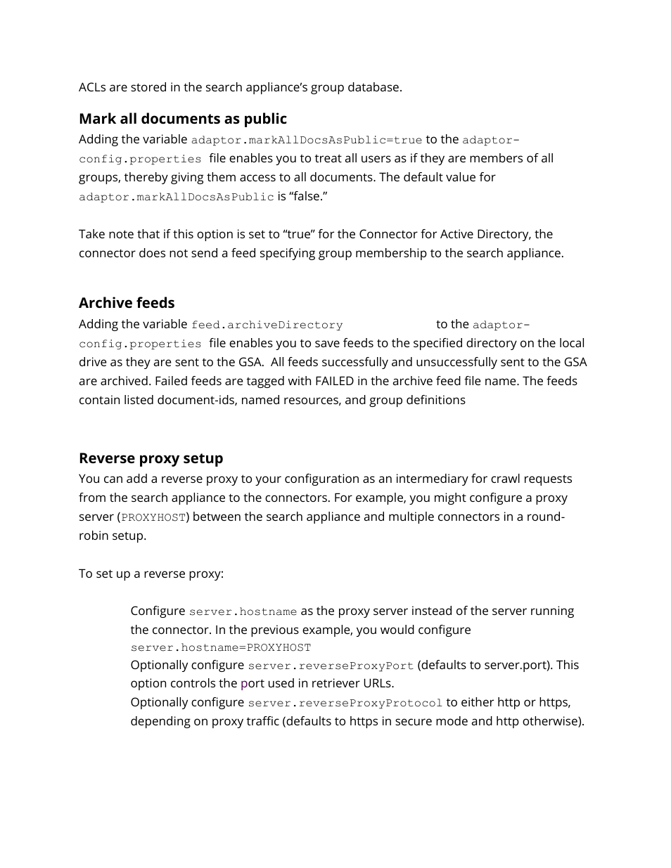 Mark all documents as public, Archive feeds, Reverse proxy setup | Archive feeds on the local drive | Google Search Appliance Connectors Administration Guide User Manual | Page 13 / 41