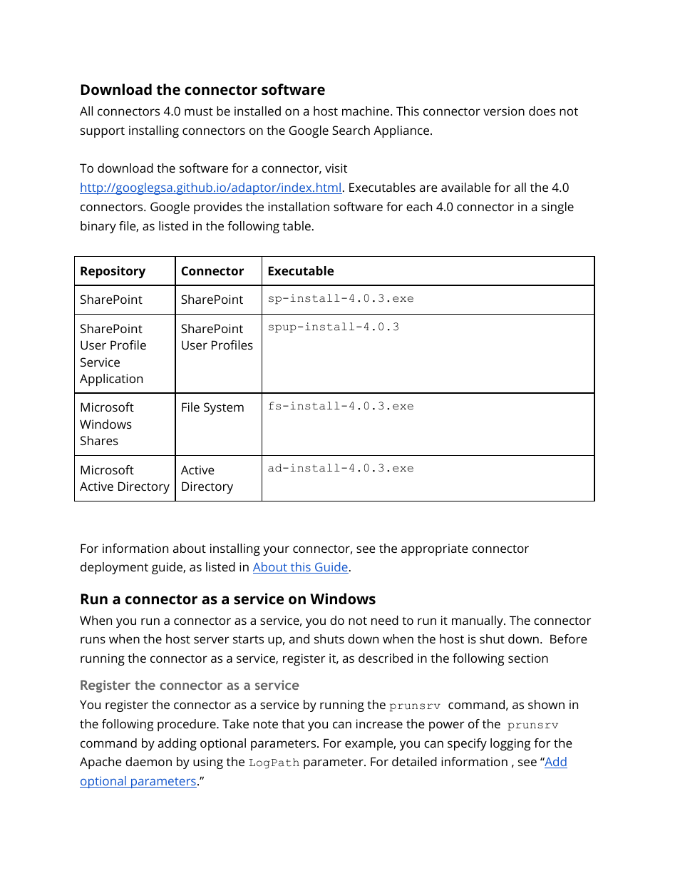 Download the connector software, Run a connector as a service on windows, Register the connector as a service | Run a connector as a service | Google Search Appliance Connectors Administration Guide User Manual | Page 14 / 41