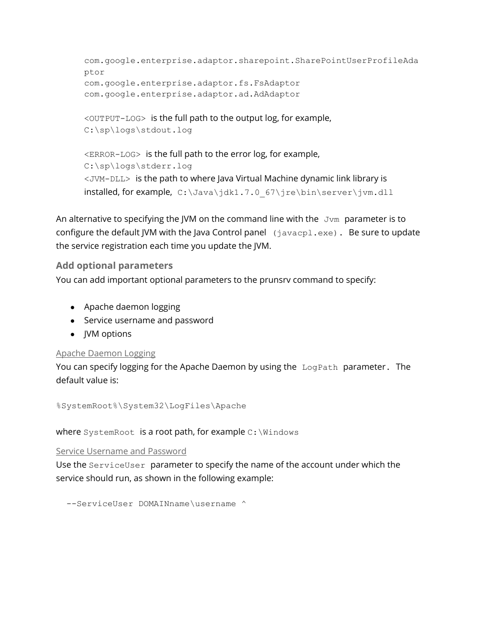 Add optional parameters, Apache daemon logging, Service username and password | Optional parameters | Google Search Appliance Connectors Administration Guide User Manual | Page 16 / 41