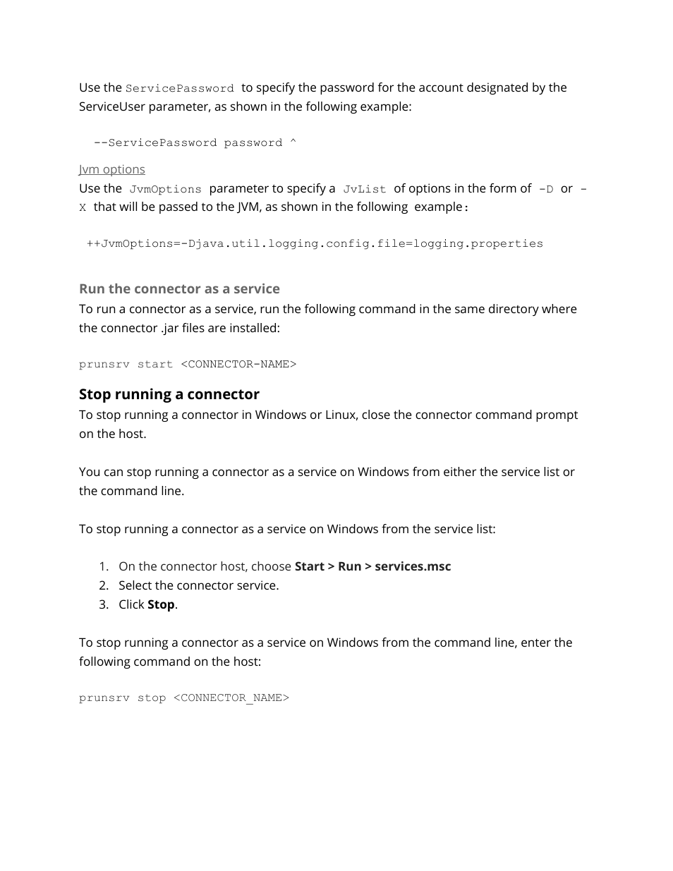 Jvm options, Run the connector as a service, Stop running a connector | Google Search Appliance Connectors Administration Guide User Manual | Page 17 / 41