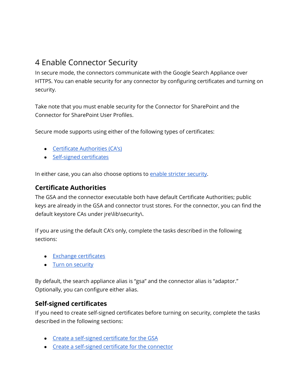 4 enable connector security, Certificate authorities, Self-signed certificates | Google Search Appliance Connectors Administration Guide User Manual | Page 19 / 41