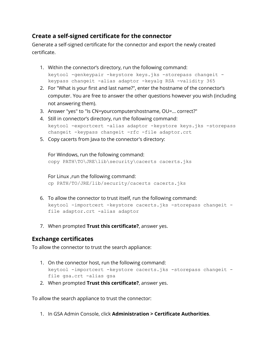 Create a self-signed certificate for the connector, Exchange certificates | Google Search Appliance Connectors Administration Guide User Manual | Page 21 / 41