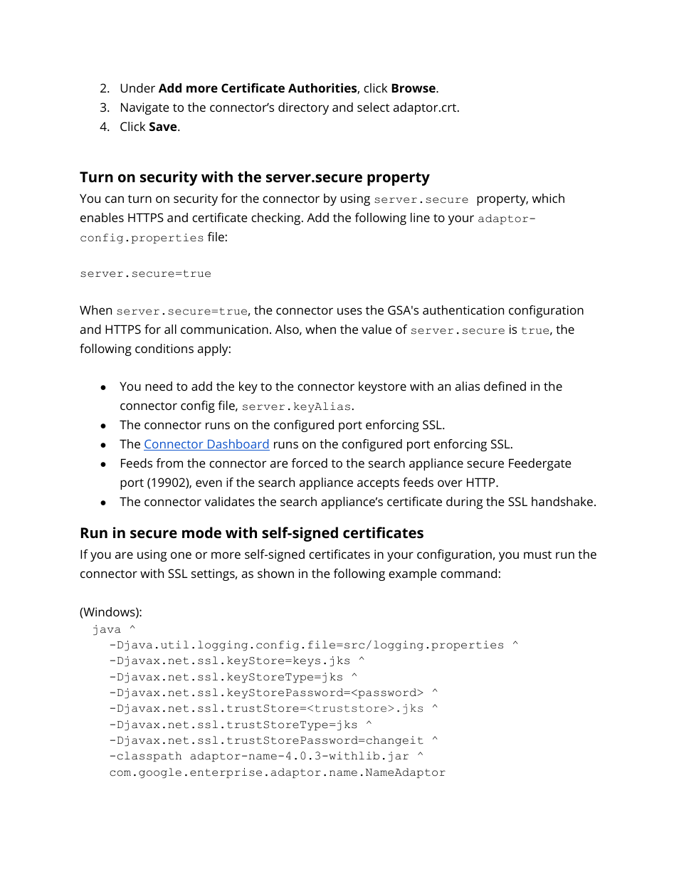 Turn on security with the server.secure property, Run in secure mode with self-signed certificates, Turn on security | Google Search Appliance Connectors Administration Guide User Manual | Page 22 / 41