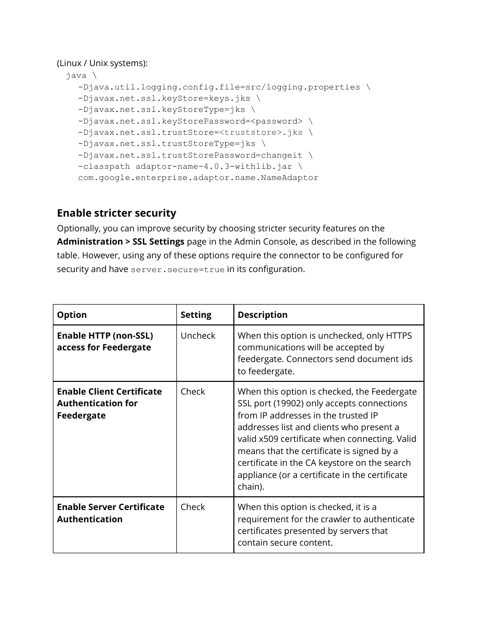 Enable stricter security | Google Search Appliance Connectors Administration Guide User Manual | Page 23 / 41