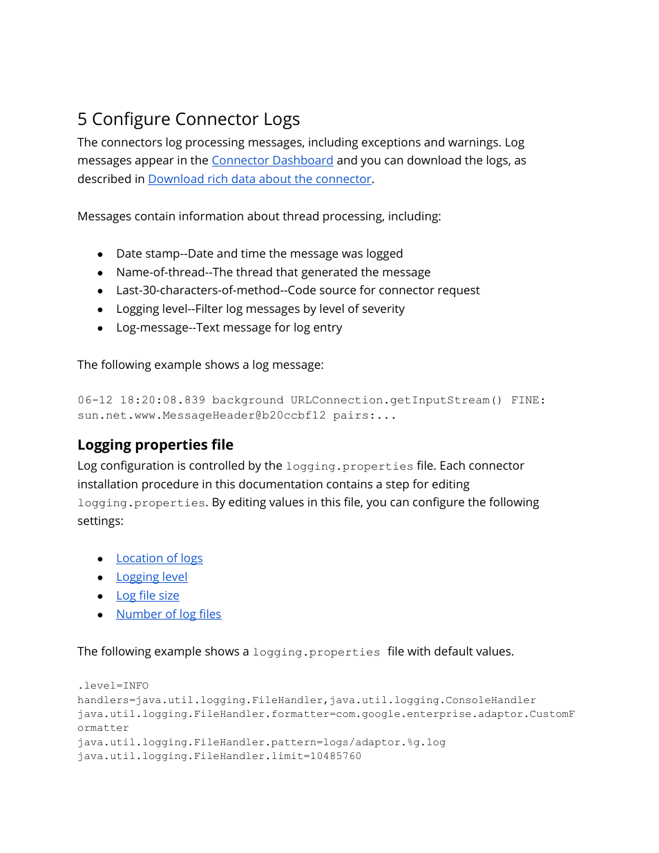 5 configure connector logs, Logging properties file | Google Search Appliance Connectors Administration Guide User Manual | Page 25 / 41