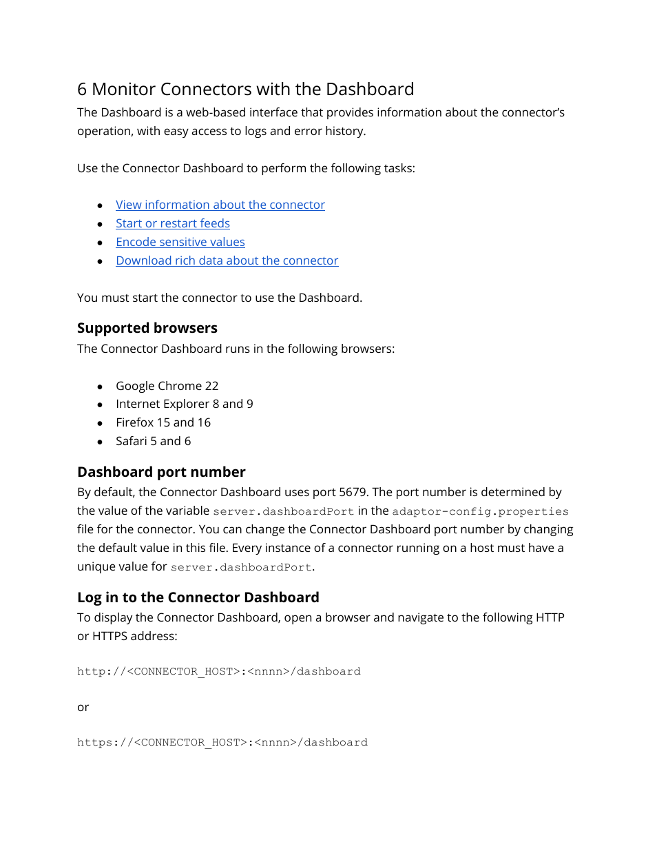 6 monitor connectors with the dashboard, Supported browsers, Dashboard port number | Log in to the connector dashboard, Monitor connectors with the, Dashboard, Connector dashboard | Google Search Appliance Connectors Administration Guide User Manual | Page 28 / 41