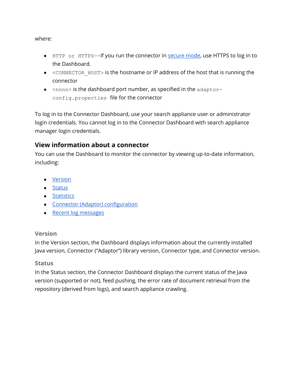 View information about a connector, Version, Status | View information about the connector | Google Search Appliance Connectors Administration Guide User Manual | Page 29 / 41