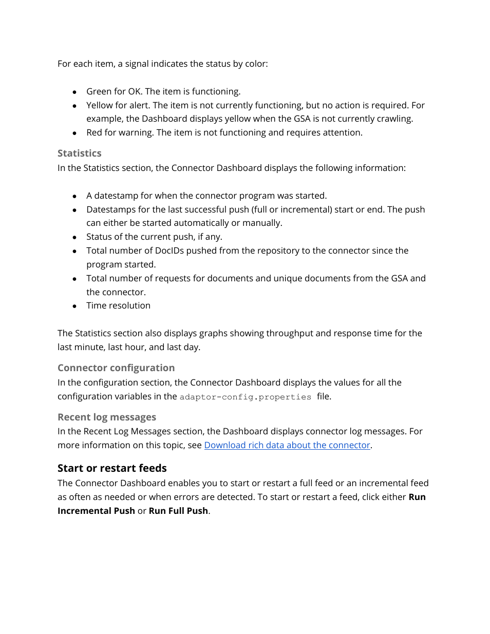 Statistics, Connector configuration, Recent log messages | Start or restart feeds, Connector (adaptor) configuration | Google Search Appliance Connectors Administration Guide User Manual | Page 30 / 41