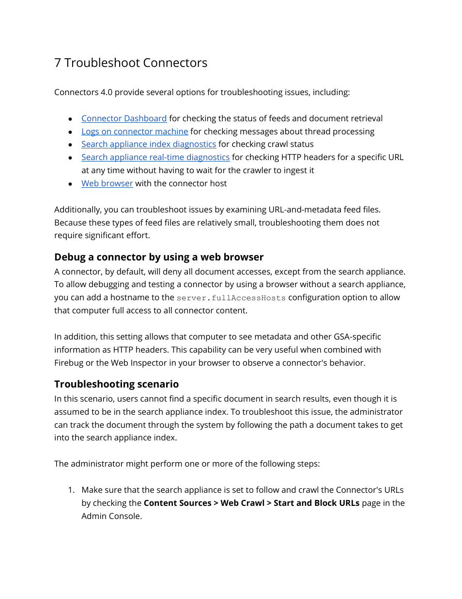 7 troubleshoot connectors, Debug a connector by using a web browser, Troubleshooting scenario | Troubleshoot connectors | Google Search Appliance Connectors Administration Guide User Manual | Page 33 / 41