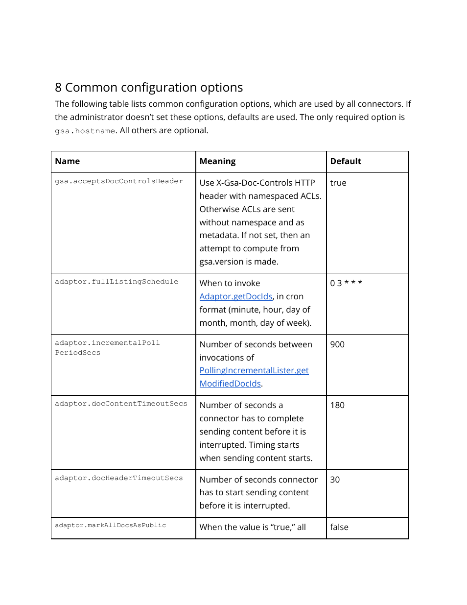 8 common configuration options, Configuration option | Google Search Appliance Connectors Administration Guide User Manual | Page 37 / 41