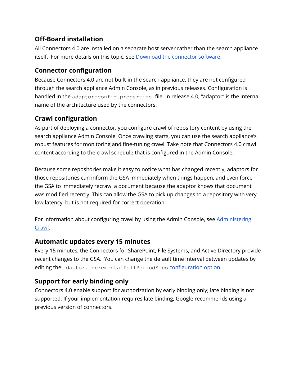 Connector configuration, Crawl configuration, Automatic updates every 15 minutes | Support for early binding only, Updates every 15 minutes | Google Search Appliance Connectors Administration Guide User Manual | Page 8 / 41