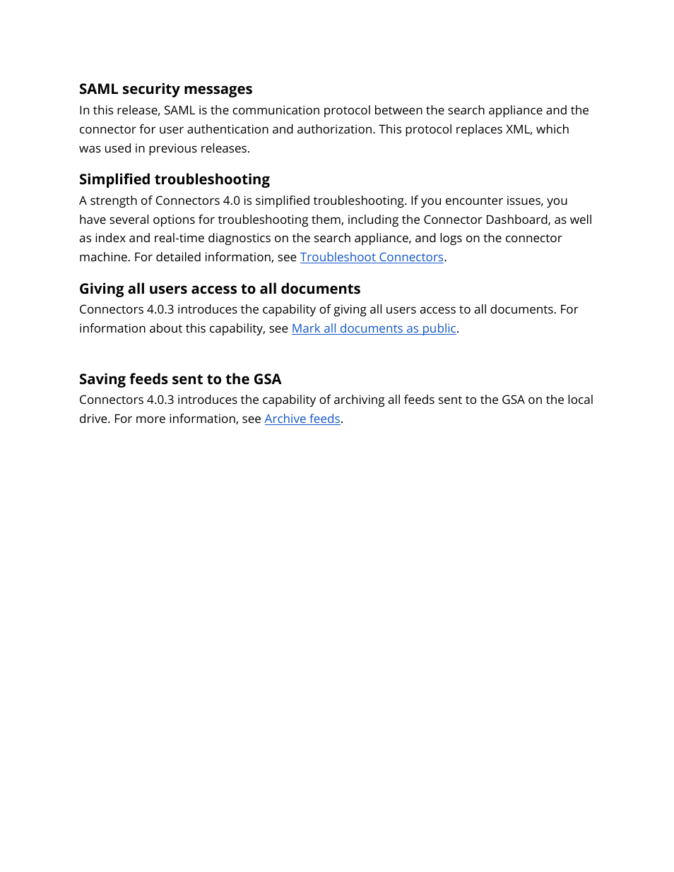 Saml security messages, Simplified troubleshooting, Giving all users access to all documents | Saving feeds sent to the gsa | Google Search Appliance Connectors Administration Guide User Manual | Page 9 / 41