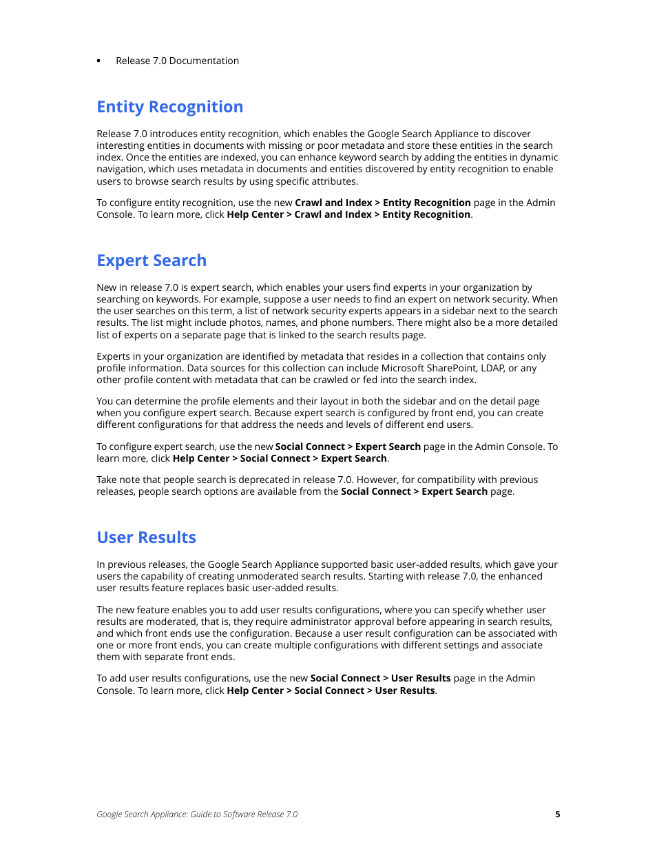 Entity recognition, Expert search, User results | Google Search Appliance Guide to Software Release 7.0 User Manual | Page 5 / 10