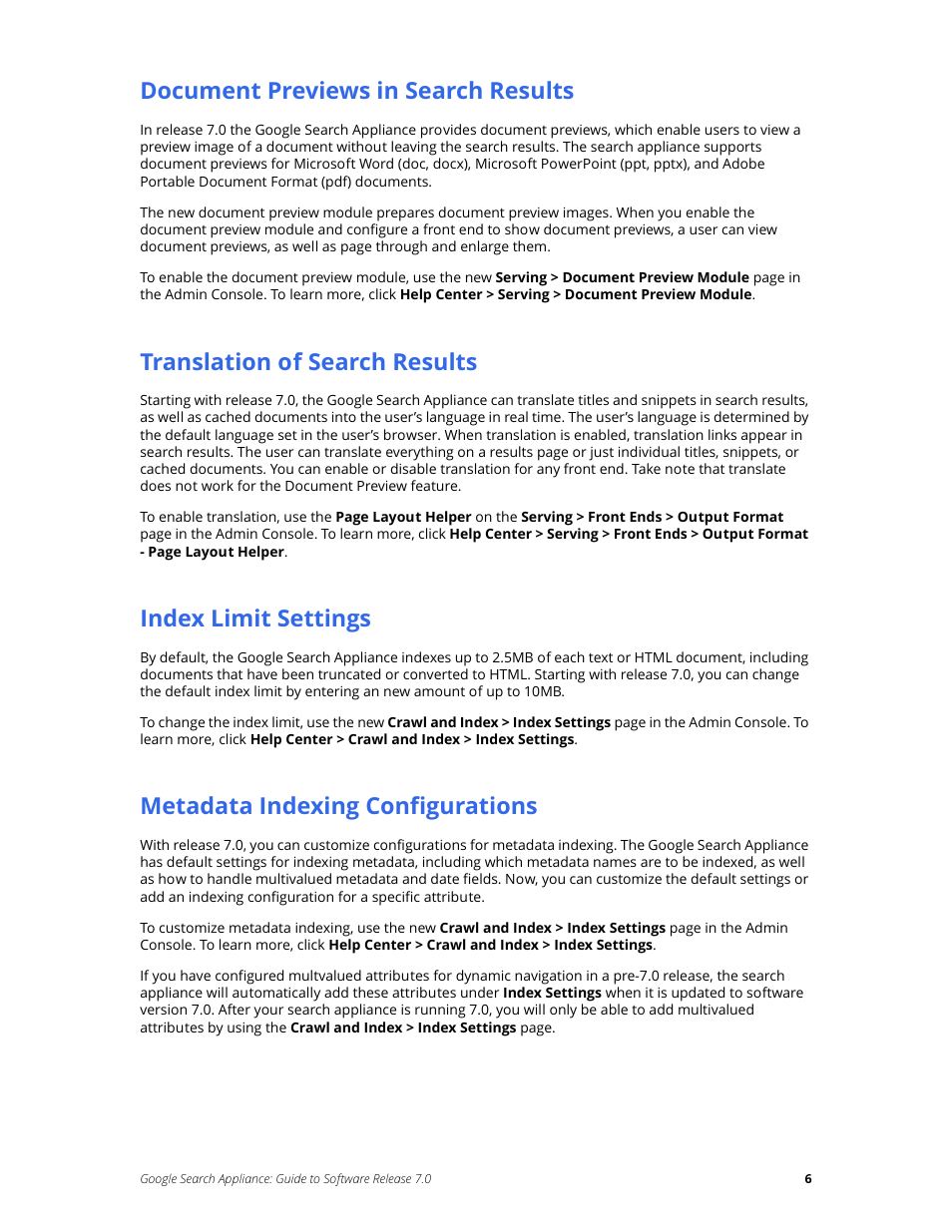 Document previews in search results, Translation of search results, Index limit settings | Metadata indexing configurations | Google Search Appliance Guide to Software Release 7.0 User Manual | Page 6 / 10